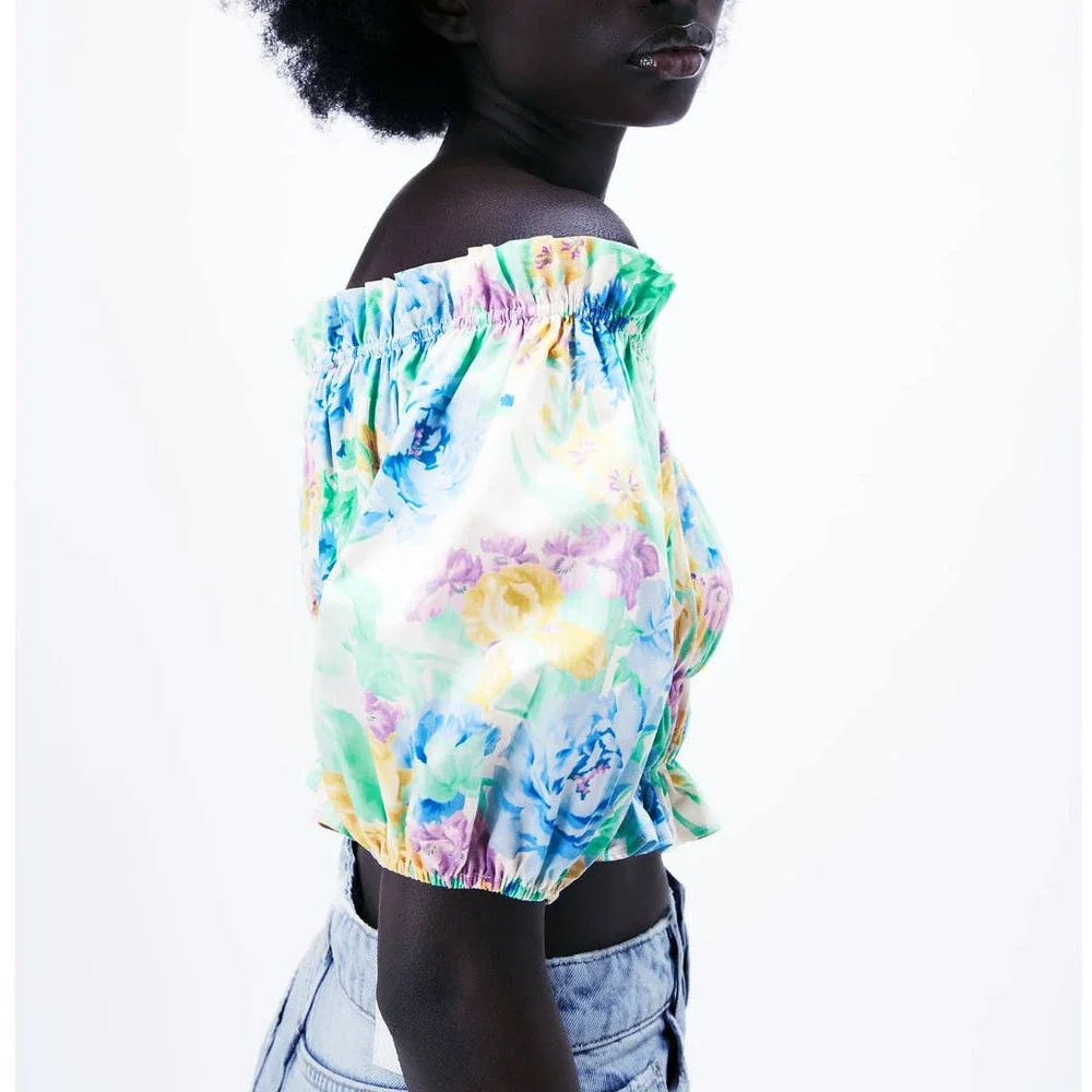 Zara Floral Printed Puff Sleeve Off The Shoulder Top - Picture 3 of 9